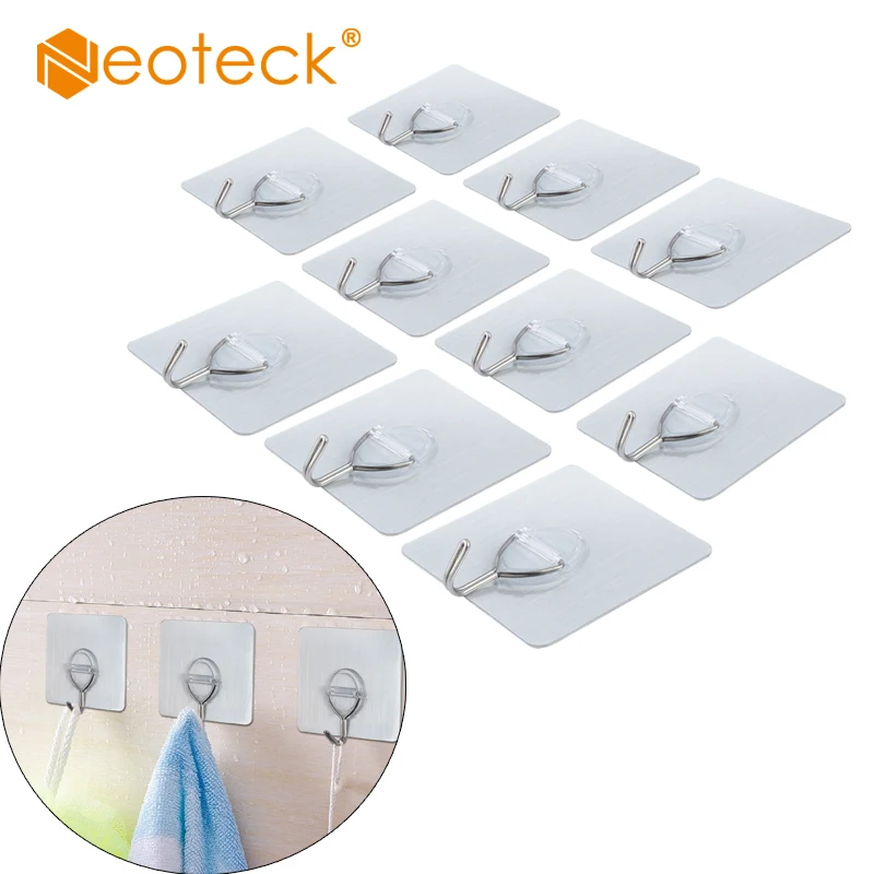 Neoteck 10 Pcs Reusable Adhesive Heavy Duty No Scratch Wall Hook for Hat Towel Robe Nail Free Sliver hooks