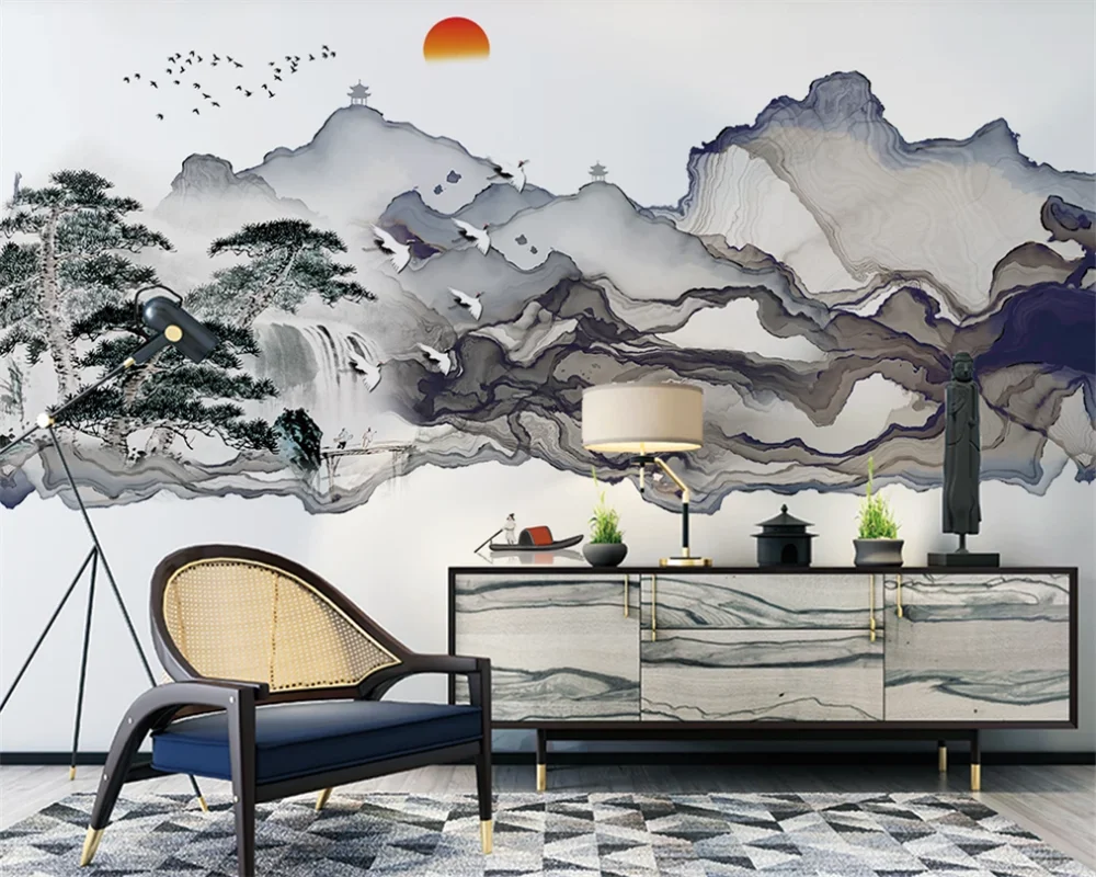 

Customized 3D Wallpaper Mural New Chinese Zen Abstract Ink Artistic Conception Landscape Welcome Pine Background Wall