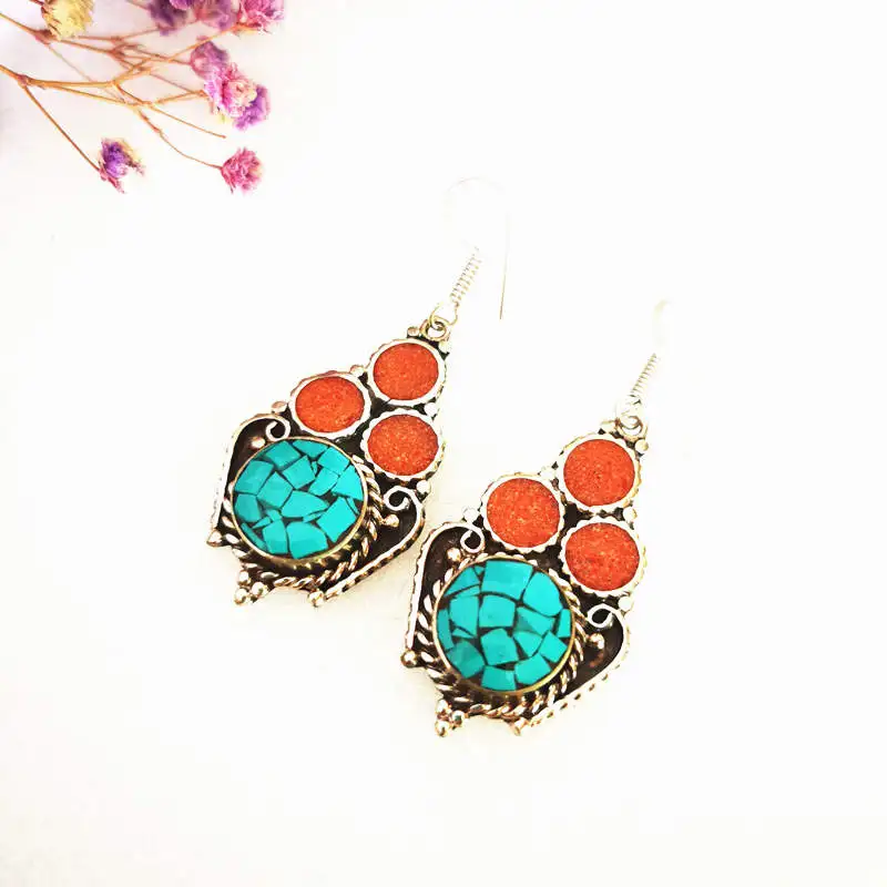 Tibetan Jewelry Vintage Handmade Flower Earring Copper Inlaid Multi Colors E038