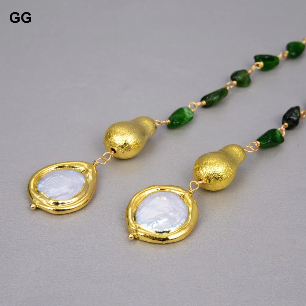 Women Jewelry Gifts Natural Green Diopside White Coin Pearl Long sweater chain Necklace 41