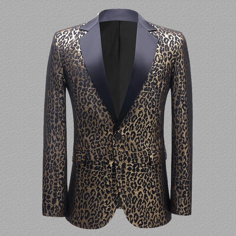 Euro Male Leopard Pattern Jacquard Suit Coat Emcee Host Formal Tuxedo Suit Jackets Singer Chorus Stage Performance Blazers