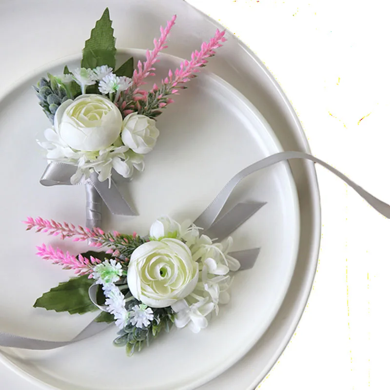 Corsages et Boutonnières de Mariage, Accessoires de Marié, Bracelets de Demoiselle d'Honneur, Broche de Corsage, Fleurs Artificielles, Décoration de Bal