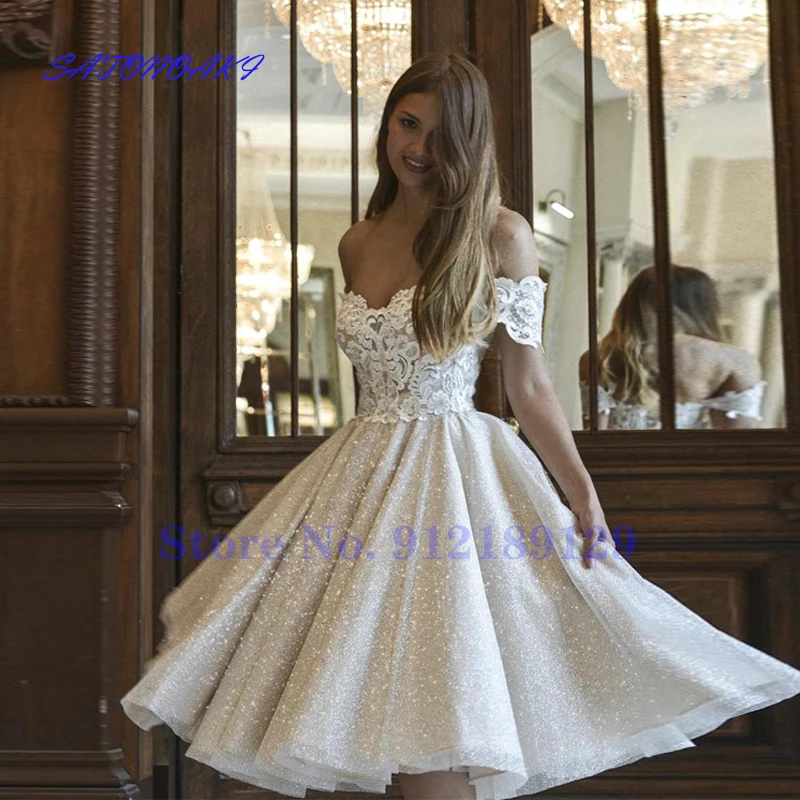 Elegant Glitter Short Wedding Dresses Tea-Length Off Shoulder Lace Applique Shiny Princess Bridel Gowns 2024 Vestidos De Novia