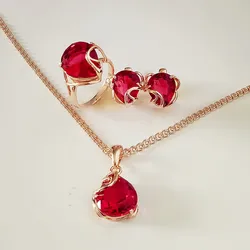 New Luxury Bridal Jewelry Set 585 Gold Color Jewelry Trendy Heart Red Cubic Zircon Wedding Necklace+Earring+ Ring Jewelry Sets