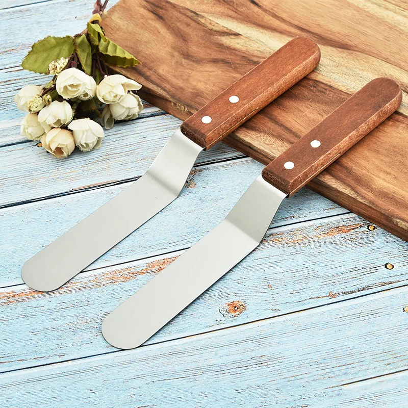 

Stainless Steel Wooden Handle Butter Curved Spatula Cake Decorating Knife Baking Tool Supply Wholesale