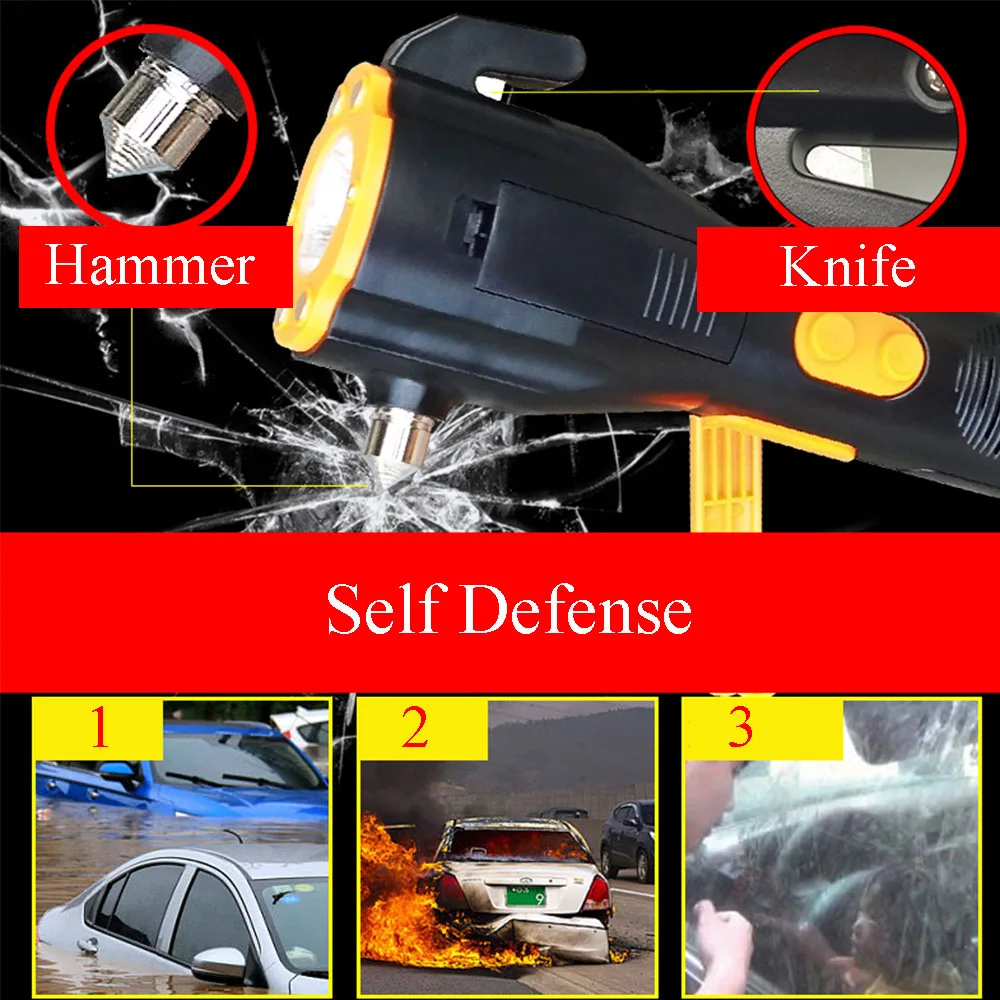 500M Tactical Hand Crank Flashlight Powerful Torch Self Defense Emergency Window Hammer Broken Tool USB Power Bank Dynamo Lamp