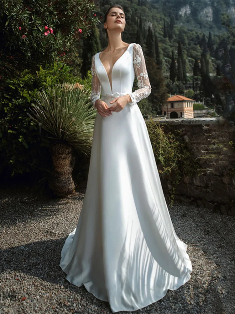 LSYX-Robe blanche en satin à manches longues pour femmes, robes de mariée élégantes, ligne A, col en V profond, dos nu, sur mesure