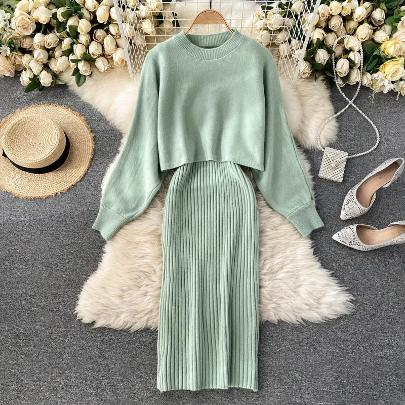 Women Autumn Winter V Neck Sleeveless Elastic Bodycon Tank Dress Two Piece Suits Knitted Set O Neck Long Sleeve Tops