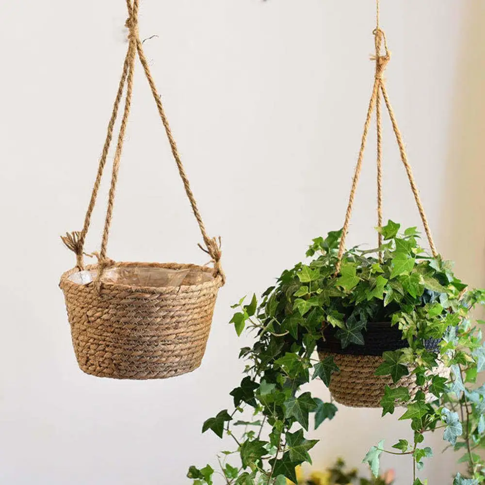 Straw Hanging Planter Basket Indoor Plant Hanging Storage Baskets Hand Knitting Woven Flower Pot Rattan Patio Garden Decoration