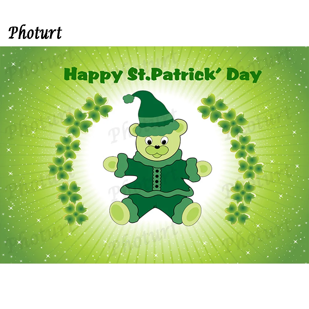 PHOTURT Happy St. Patrick's Day Backdrop Festival Decoration Photography Background Green Bear Vinyl Polyester Banner Props