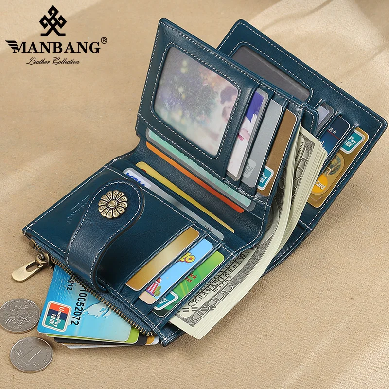 ManBang 2022 New Small Women Wallet Genuine Leather Bifold Purse with ID Window Women Leather Wallet Coin Purse high quality