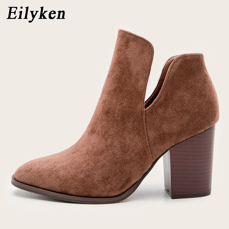 Eilyken 2024 Faux Suede Ankle Boots Women High Heel Side Stacked Block Heel Slip On Short Western Cowboy Booties Shoes