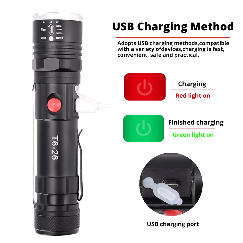 Powerful T6 LED Flashlight COB Work Light with Magnet USB Tactical Torch 4 Modes Waterproof Fishing Lantern 18650 Zoom Lamp