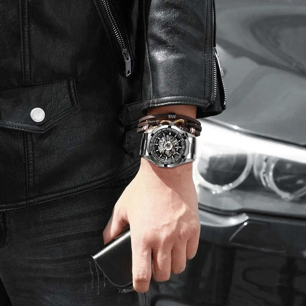 Forsining 2021 Stainless Steel Waterproof Mens Skeleton Watches Top Brand Luxury Transparent Mechanical Sport Male Wrist Watches