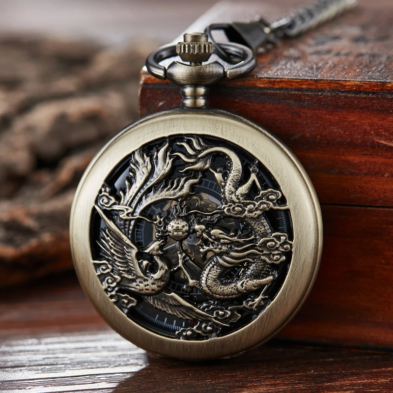 Retro Mechanical Pocket Watch Dragon Play Ball Steampunk Skeleton Hand-Wind Flip Clock Fob Watch with Chain Double Hunter Gift