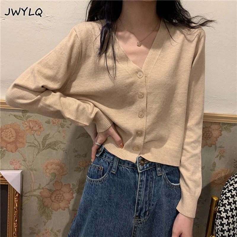 Spring Autumn Solid Color Cropped Sweater Korean Basic V-neck Student 9 Colors Cardigan Sweater Women All-match Long Sleeve Tops