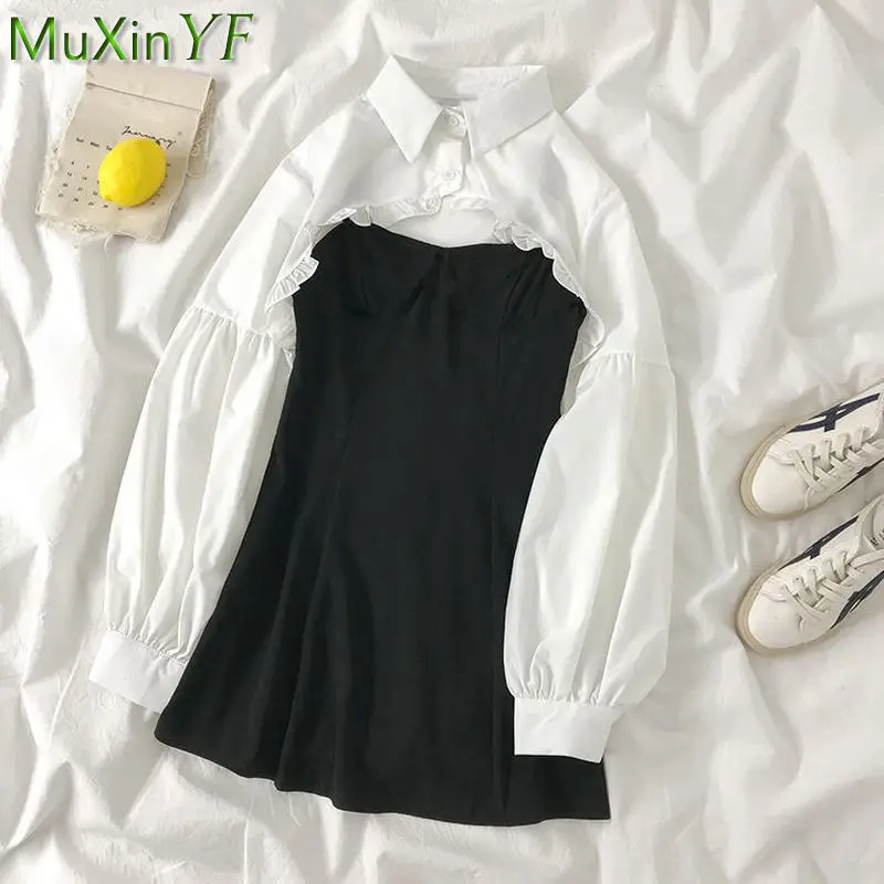 2024 Spring Autumn Trendy Women Mini Dress Two Pieces Set Lolita Style Vintage Black Sling Dresses+White Short Shirt Suit Female