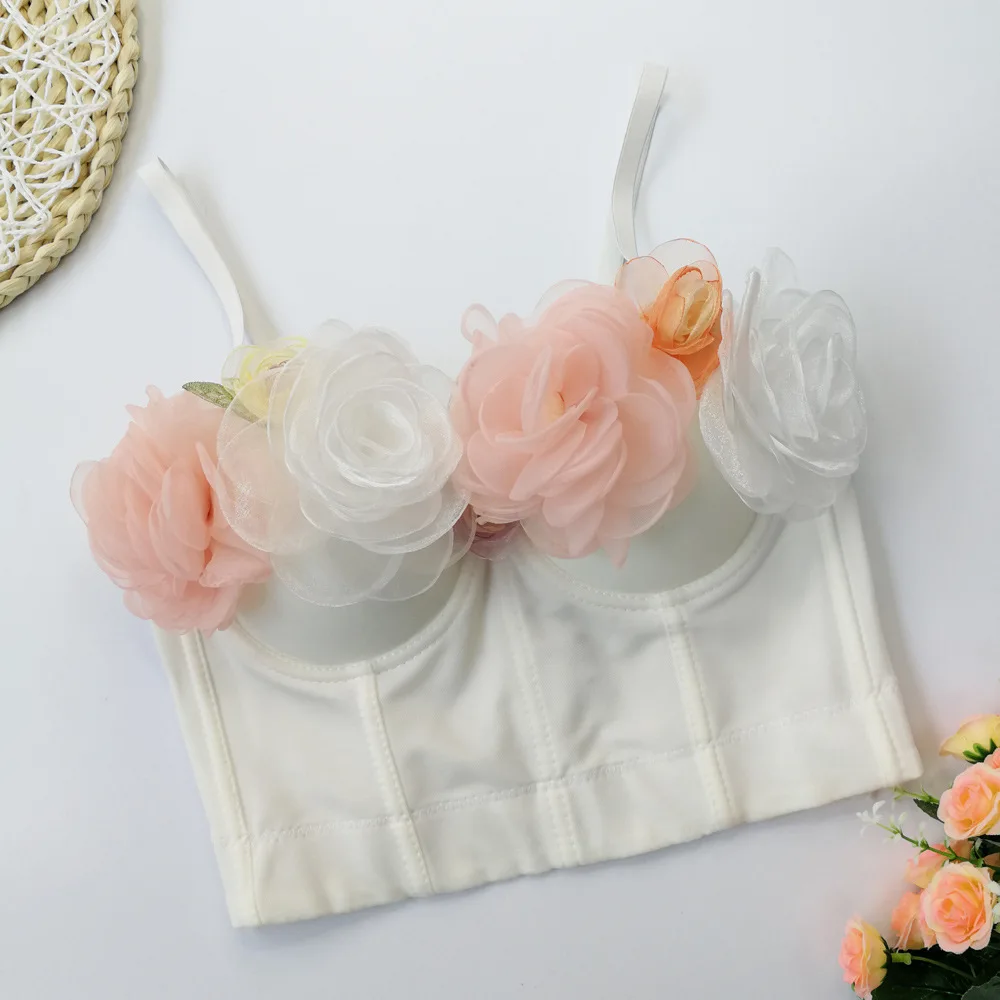 Cupnaya fleur Appliques femmes blanc Spandex haut court Sexy Push Up Bustier Corset Camisole gilet danse réservoirs taille réglable