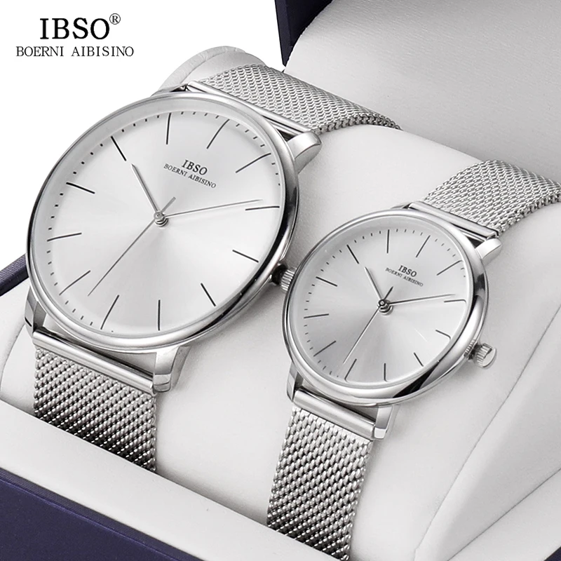 IBSO Brand Couple Quartz Watch Set with Box Simple Wristwatch for Women and Women Valentine\'s Day Present Birthday Gift