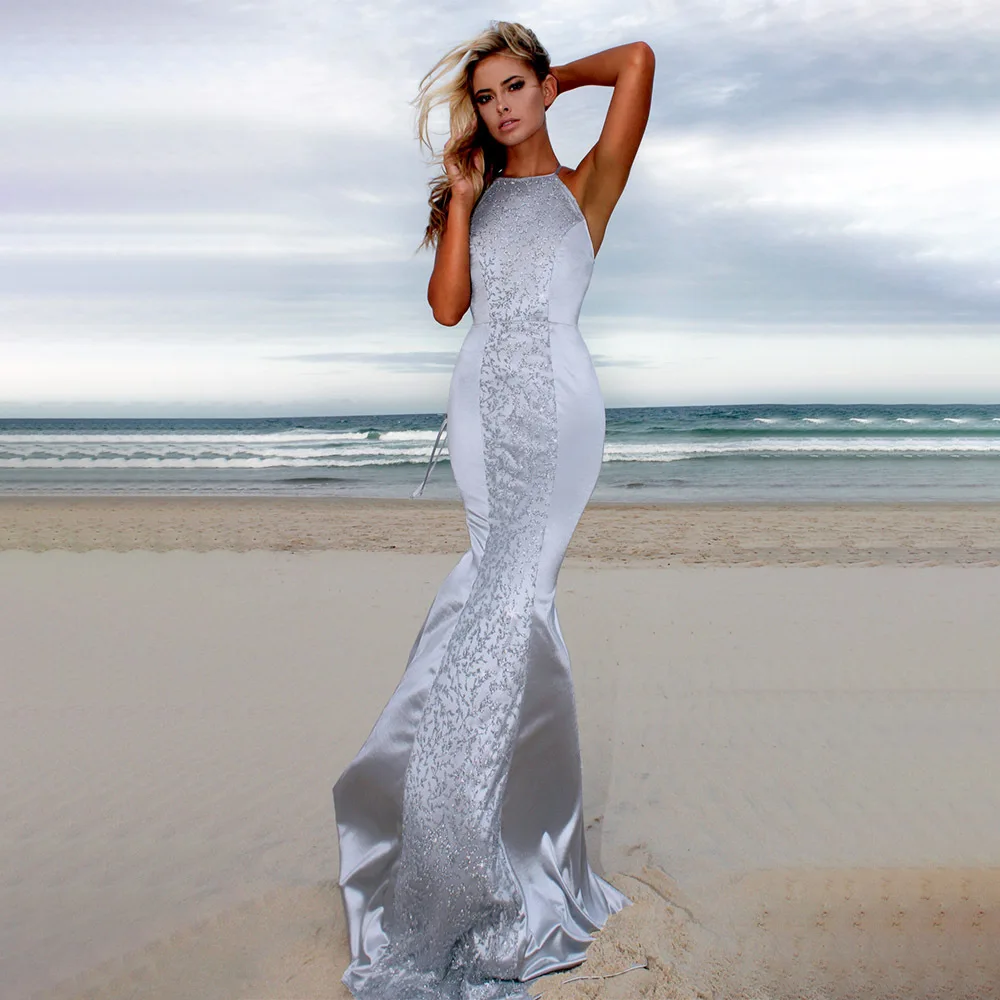 Customized Silver Glitter Long Mermaid Evening Dress Sexy Cross Back A-line Shine Prom Birthday Gowns Vestido De Festa 2024 New