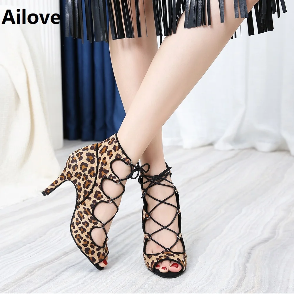 Ailove Women Social Ballroom Dance Boots Lace-up Latin Salsa Tango Dancing Shoes with Leopard Grain Velvet S066