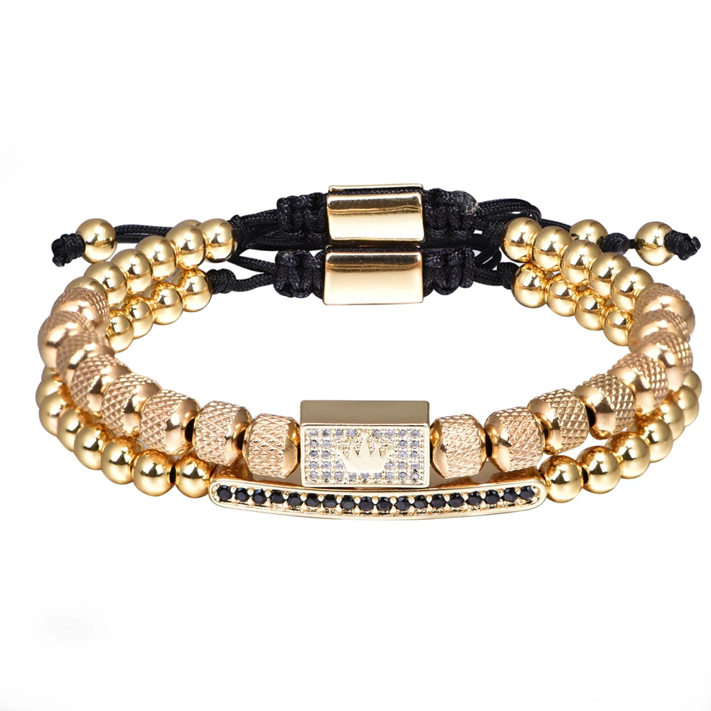 2pcs/set Charm Bracelet Men Stainless Steel Bracelet Beads Gold Color Bracelet  For Men Cz Zircon Crown Bracelet