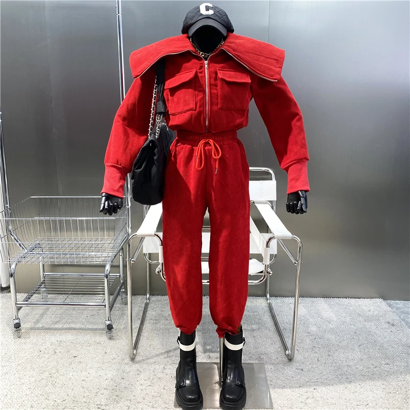 

New 2021 Plush And Thickened Corduroy Two-way Zipper Large Lapel Tooling Short Coat + Drawstring Casual Leggings 2 Suit