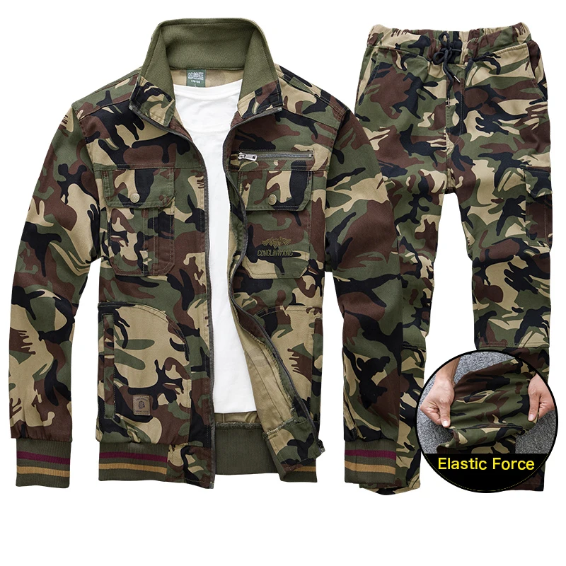 Camouflage Overalls Suit Men Cargo Sets Male Labor Insurance Cotton Welding Anti-scald Wear-resistant Elastic Men\'s Clothing