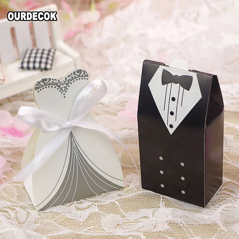 100pcs/lot Elegant Candy Box For Wedding Sweet Bag Wedding Favors Gift For Guest Bride Groom Wedding Dress With Ribbon