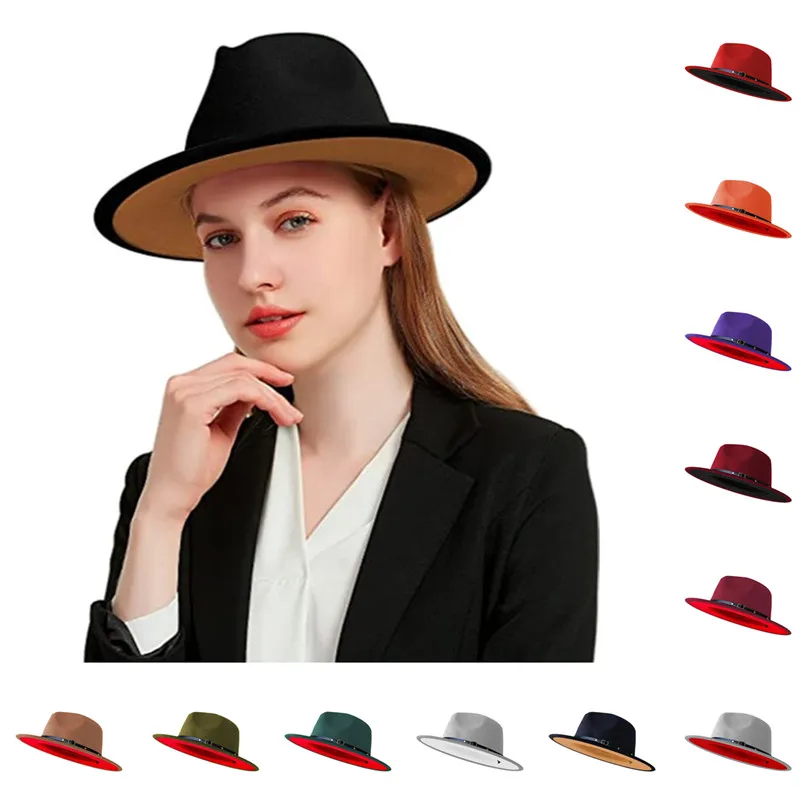 Men Patchwork Wide Brim Fedora Hats With Belt Women Two Tone Dress Hat Felt Panama Hat in Two Audlt Size