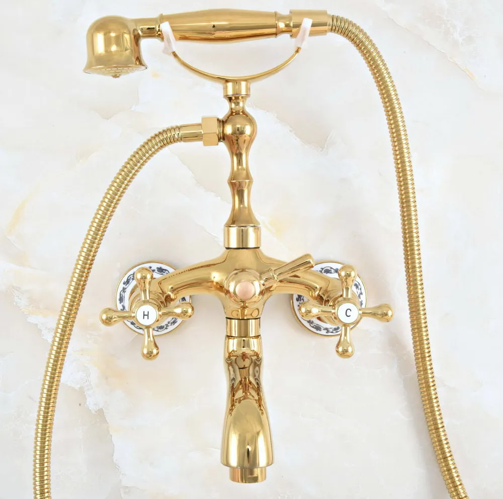 Luxury Polished Gold Color Brass Bathroom Wall Mounted Clawfoot Tub Faucet Taps Set With Hand Held Shower Head Spray mna806