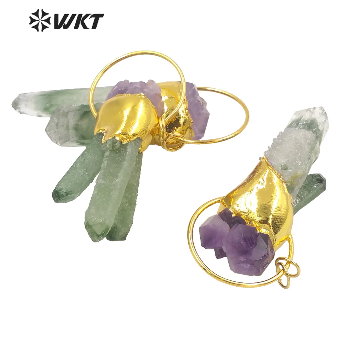 WT-P1694  Fashion Gold Electroplated Healing Green Cluster Quartz Stone Pendant Lady Big Irregular-Shaped Trendy