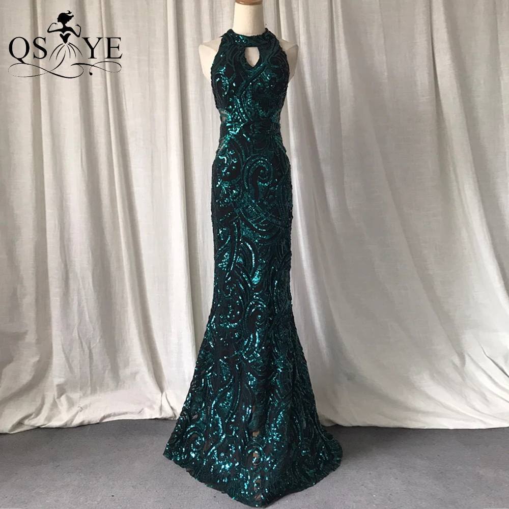 Green Evening Dress Halter KeyholeNeck Mermaid Long Evening Gown Elegant Glitter Sequin Pattern Formal Party Women Emerald Dress