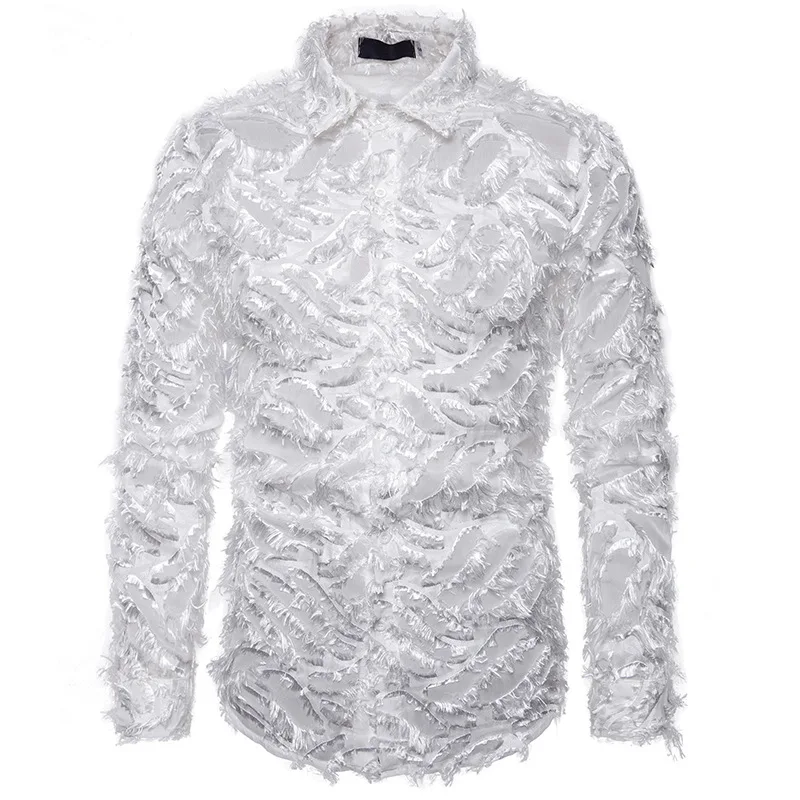 Men's White Feather See Through Nightclub Shirts Slim Fit Long Sleeve Sexy Lace Shirt Men Party Stage Singer Costume Homme XXL