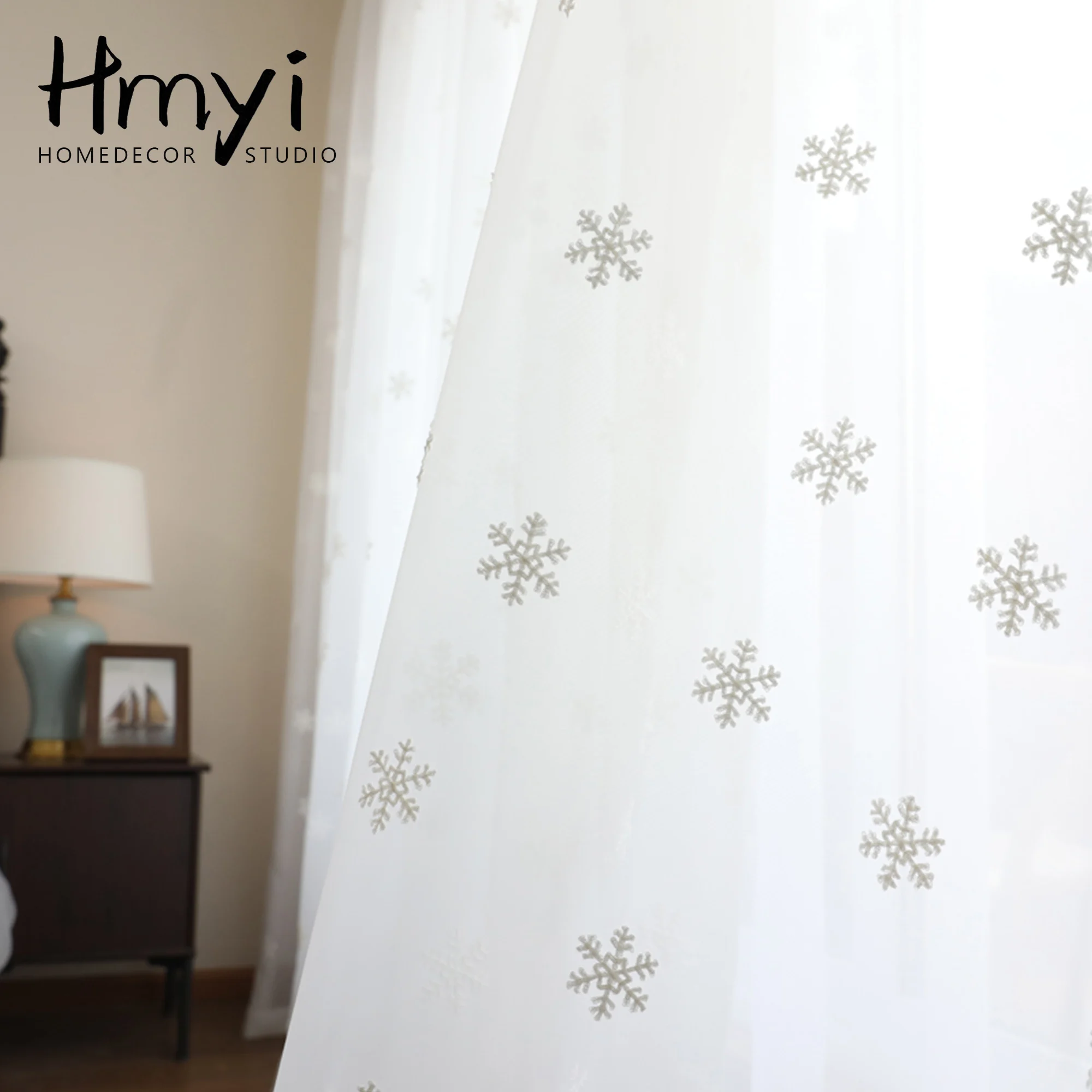 White Snowflake Sheer Curtains Embroidery Curtains for Living Room Bedroom Tulle Curtains for Children Christmas Voile Drapes