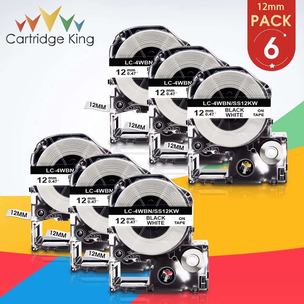 6PK 12mm Label Tape SS12KW Black on White LC-4WBN Cartridge Tape Compatible for Epson KingJim Tepra PRO Label Maker Label Print