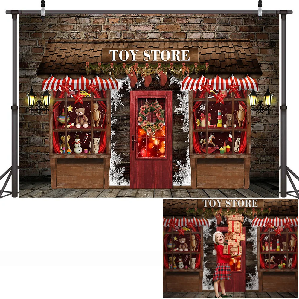 Christmas Toy Store Window Backdrop Winter Snow Retro Main Street Background Gingerbread House Kids Portrait Photography Props