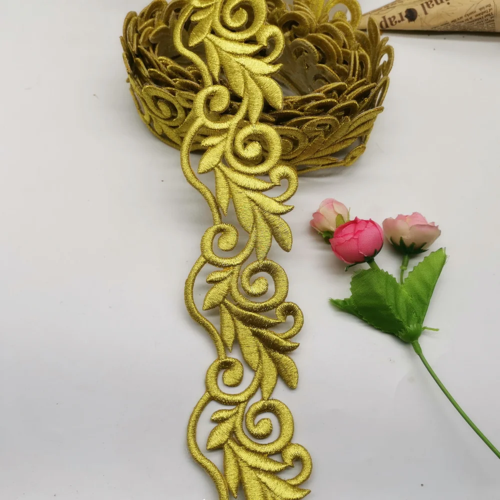 الذهب المطرزة الدانتيل ثلاثية الأبعاد الثقيلة جودة تأثيري زي جديلة زين الدانتيل الحديد على الشريط 6.5 سنتيمتر واسعة