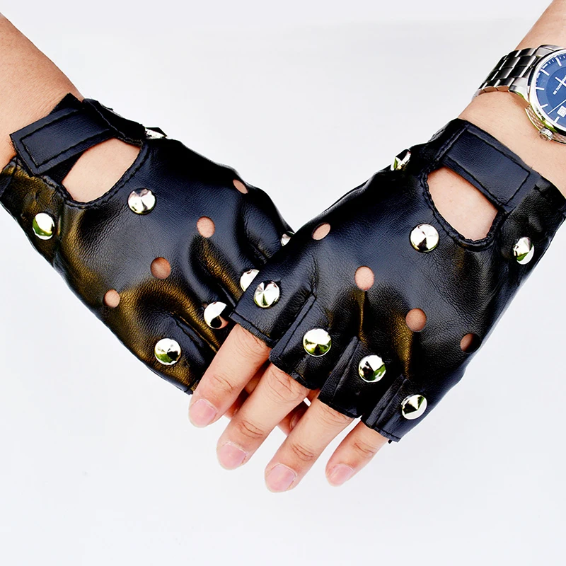 Adult/Child Halloween Carnival Studded Cool Gloves Street Dance Punk Dancing Dew Half Finger Leather G45