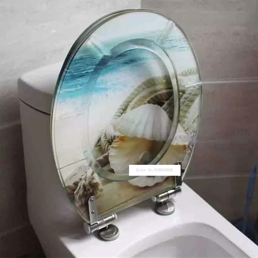 Toilet Cover Resin Toilet Cover U/V/O Steel Slow Down Mute Thickened Sea Wind Shell Pearl Chart Universal Sit Cover Stainless