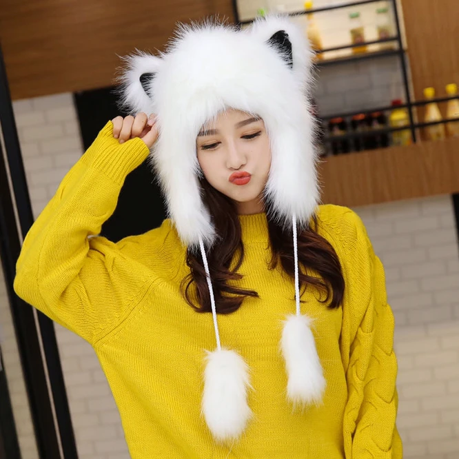 Winter Women's Hat Double Layer Plush Thickened Warm Imitation Fox Fur Cute Ear Protection Animal Cartoon Imitation Fur Gray