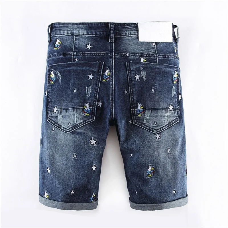 Embroidery Personality Denim Shorts Men European Clothing Slim Fit Elastic Casual Mens Jeans Summer Knee Length Straight Shorts