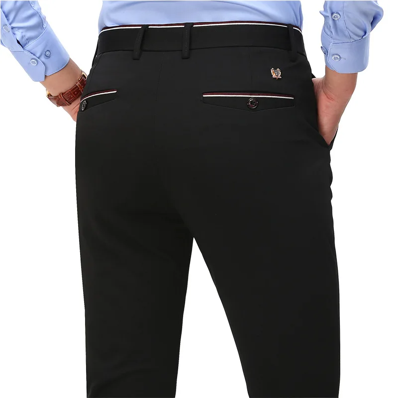 Pantalones de traje elegantes para hombre, pantalón largo recto de Color sólido, ajustado, Formal, negro y azul, a la moda, 2020