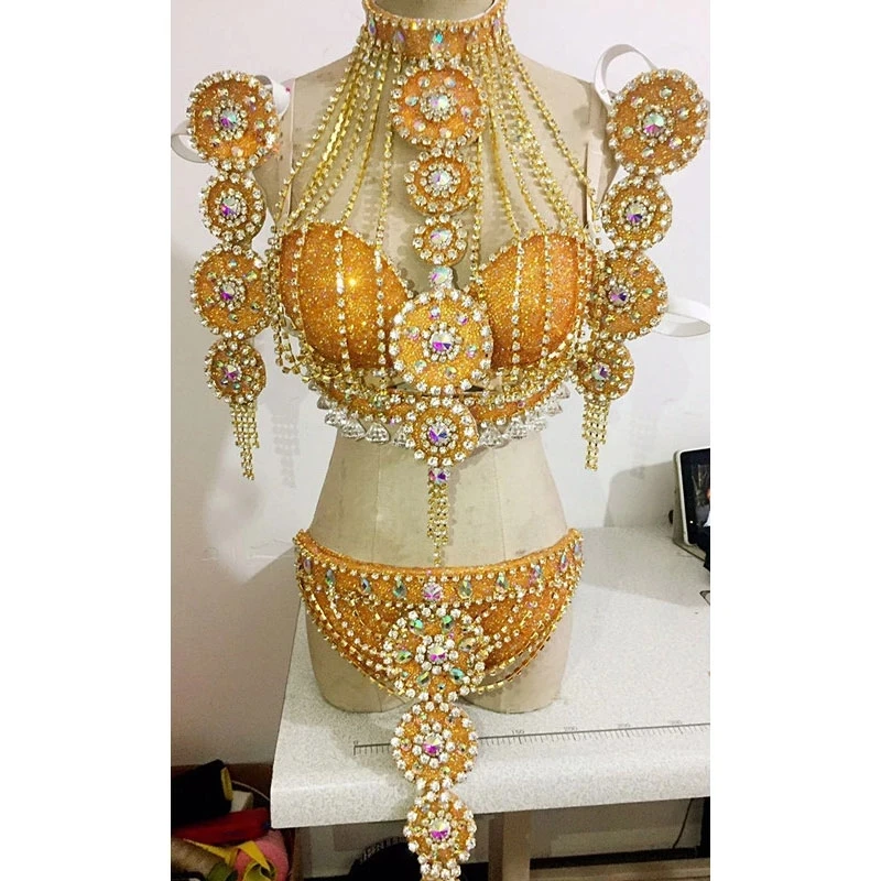 

Golden full Crystal female singer DJ Rave costumes Cup chain sexy Bikini suits nightclub Bar dance performance stage wear show