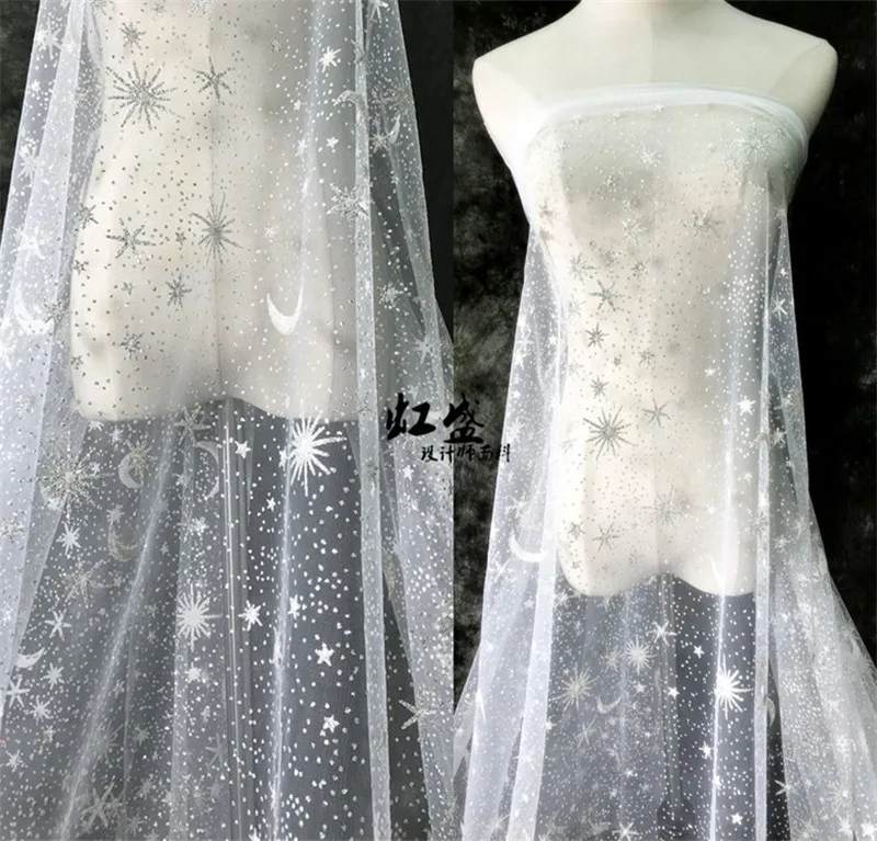 

1 Yard Shinny Glitter Stars Moon Romantic Tulle Fabric Silver Stars Lace fabric For Bridal Gown Dress Stage Dress Houte Couture