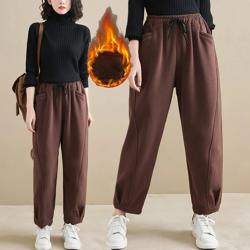 Winter New Trendy Warm Fleece Thick Oversize Loose Casual Trouser Women Solid Color Elastic Waist Versatile Premium Sweatpants