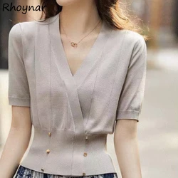 Blouses Women Summer Solid Simple 2 Colors Elegant V-neck Slim Office Lady Tops Clothing Design New Arrival Soft Ulzzang Chic