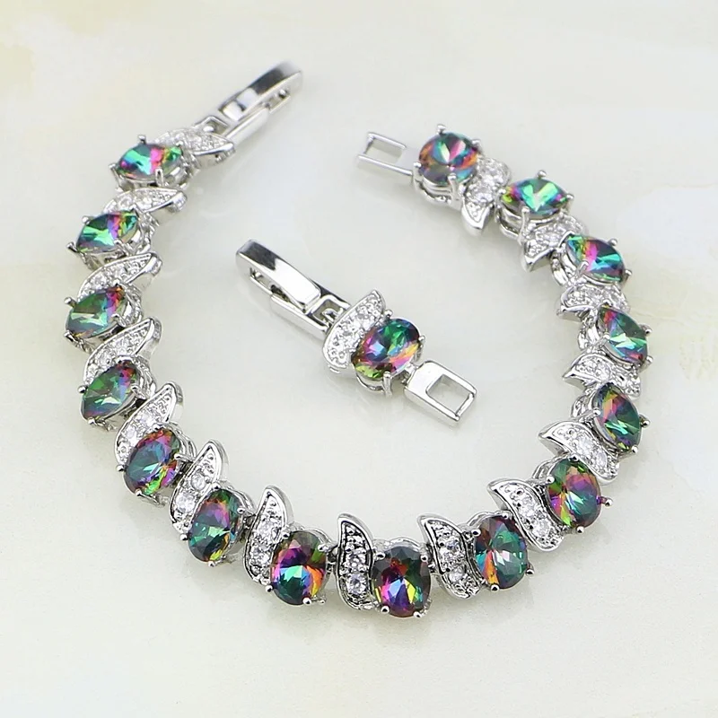 Rainbow Mystic Cubic Zirconia White Crystal Silver Color  Jewelry Charm Bracelet For Women