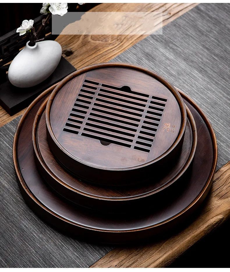 Peony Flower Round Tea Tray-Natural Bamboo Wood Tea tabl Tray Tea Set Board Bamboo Pu er Tea Tray Kitchen Accessories