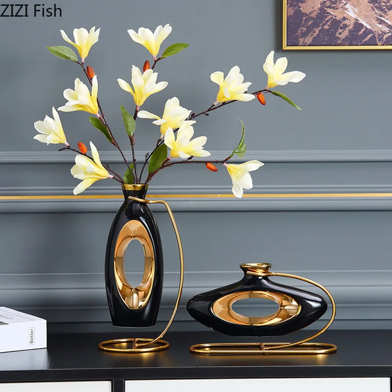 

Modern Black Hollow Gilded Vases Living Room Porch Dining Table Flower Arrangement Decor Art Exquisite Ceramic Vase Home Decor